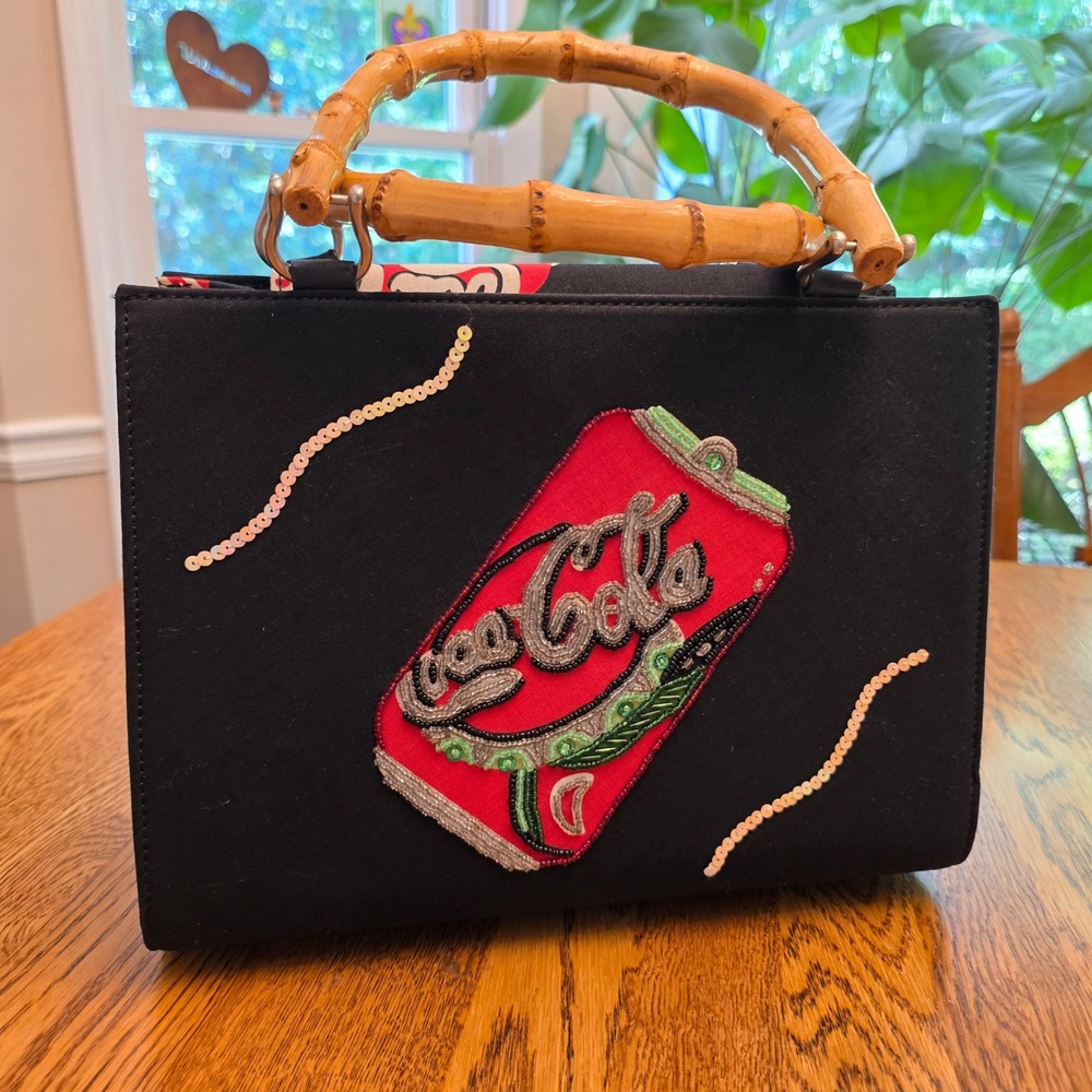 Vintage Rare Bamboo Handle Coca-Cola Beaded Soda Can Handbag Purse Sequins Coke